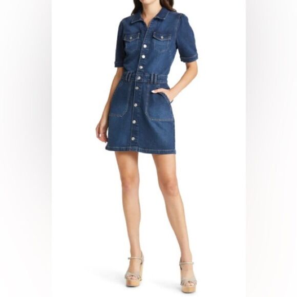 Paige Mayslie Mini Blue Dress Denim Short Sleeve Shirt Size 00 - Picture 3 of 16